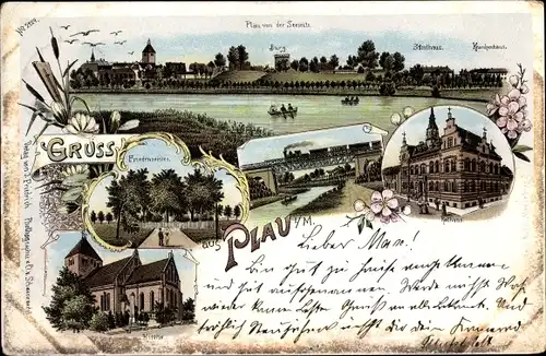 Litho Plau am See, Eisenbahnbrücke, Rathaus, Kirche, Burg, Friedenseichen