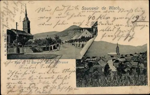 Ak Wisch Wisches Elsass Bas Rhin, Panorama, Kirche, Rue de la Gare, Bahnhofstraße