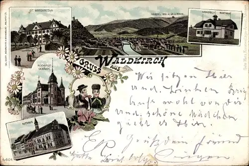 Litho Waldkirch im Breisgau Schwarzwald, St. Margaretha, Kandel, Reichspostgebäude, Rathaus, Tracht