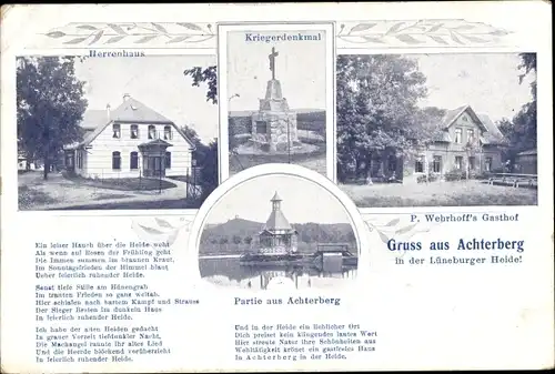 Ak Achterberg Obereinzingen Osterheide, Herrenhaus, Kriegerdenkmal, P. Wehrhoffs Gasthof, Gedicht