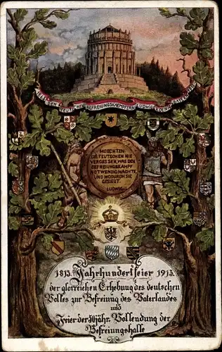 Künstler Wappen Ak Kelheim an der Donau Niederbayern, Befreiungshalle, Jahrhundertfeier 1813-1913