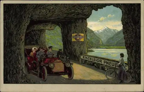 Litho Excelsior Pneumatic Reifen, Reklame, Automobil, Bergtunnel