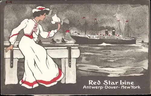 Litho Red Star Line, Antwerp, Dover, New York, Passagierdampfer, winkende Frau