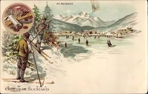 Litho Sankt Moritz Kanton Graubünden, Skifahrer, Eisläufer, Reklame Chocolat Suchard