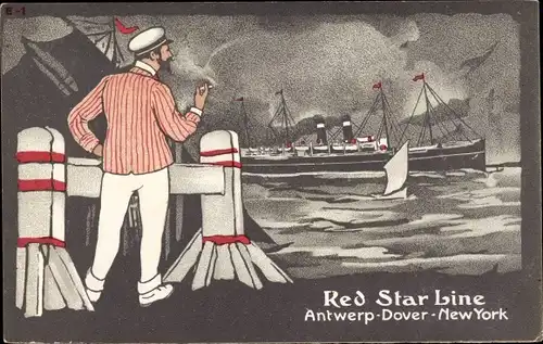 Litho Red Star Line, Antwerp, Dover, New York, Passagierdampfer, Mann mit Zigarette