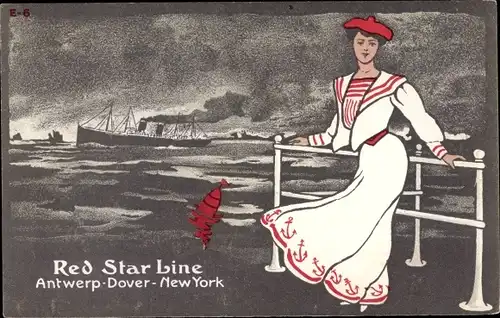 Künstler Ak Red Star Line, RSL, Antwerpen - Dover - New York, Passagierdampfer, Dame im Hafen