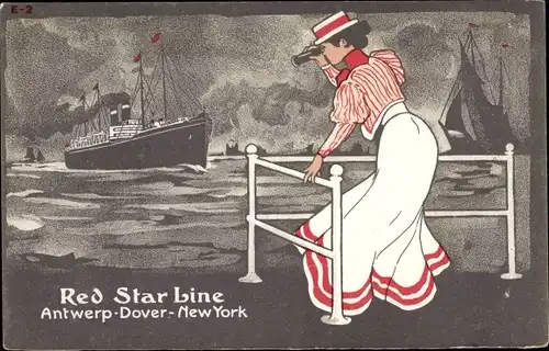 Künstler Ak Red Star Line, Antwerp, Dover, New York, Passagierdampfer, Dame mit Fernglas