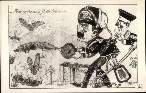 Künstler Ak Muller, Pour renforcer la Flotte Aerienne, Wilhelm II. pustet Luftballons auf, Karikatur