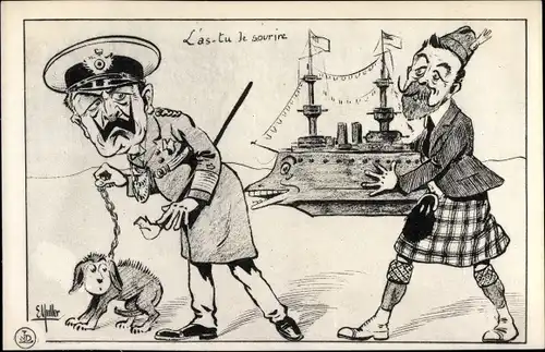 Künstler Ak Muller, E., Kaiser Wilhelm II., King George V mit Kriegsschiff, Karikatur