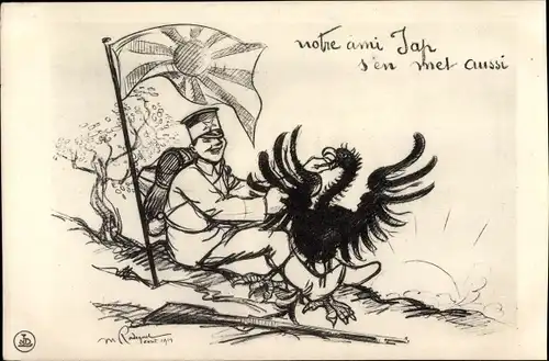 Künstler Ak Notre ami Jap s'en met aussi, Japanischer Soldat, Adler, Karikatur