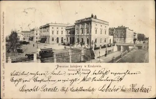 Ak Kraków Krakau Polen, Dworzec kolejowy, Bahnhof, Straßenbahn, Pferdebahn