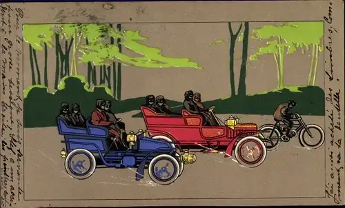 Künstler Ak Automobile und Motorrad bei einer Wettfahrt