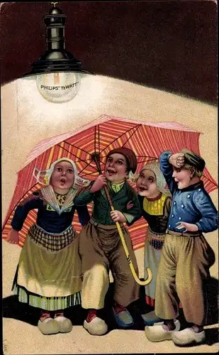 Ak Reklame Philips Glühlampe, Kinder in Niederländischer Tracht unter einem Schirm