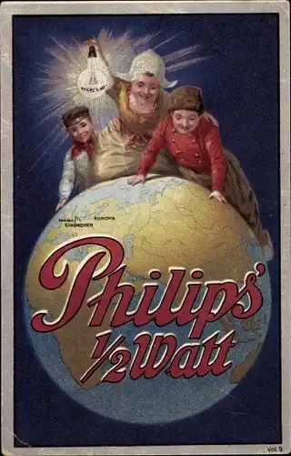Ak Reklame, Philips 1/ Wattt Glühbirne, Kinder in niederländischen Trachten, Weltkugel