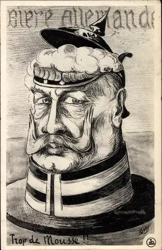 Künstler Ak Biere allemande, Trop de Mousse, Kaiser Wilhelm II. als Bierkrug, Karikatur