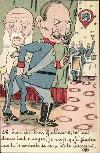 Künstler Ak Kaiser Wilhelm II., Kaiser Franz Joseph I., Karikatur