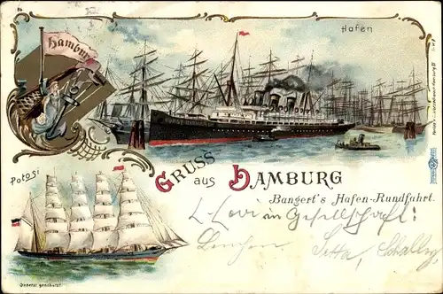 Litho Hamburg, Hafen, Dampfer, Segelschiff Potosi, Bangert's Hafen Rundfahrt