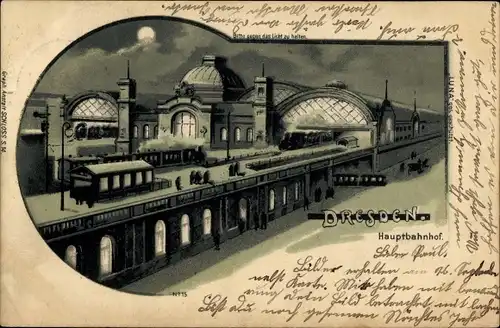 Halt gegen das Licht Mondschein Litho Dresden Altstadt Seevorstadt, Hauptbahnhof