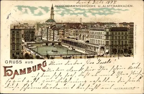 Litho Hamburg, Reesendammbrücke und Alsterarkaden