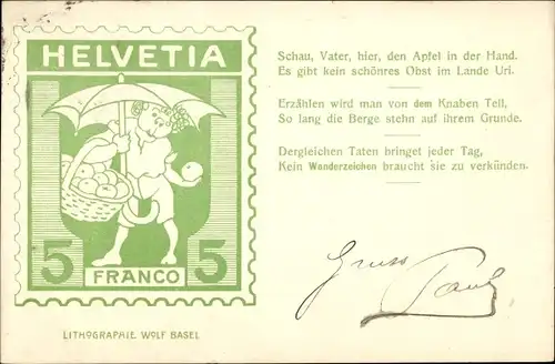 Ak Schweizer Briefmarke, Helvetia, 5 Franco, Knabe Tell mit Äpfeln, Schirm