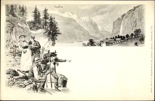 Litho Kanton Bern, Jungfrau vom Tal gesehen, Wanderer