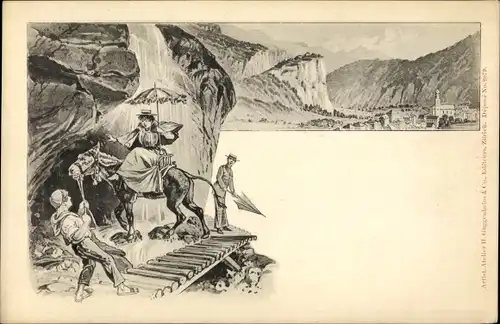 Litho Schweiz, Tal mit Kirche, Dame auf einem Esel, Wasserfall