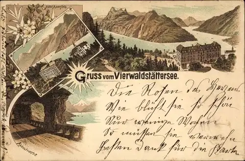 Litho Morschach Kt. Schwyz Schweiz, Vierwaldstättersee, Hotel Axenfels, Axenstraße