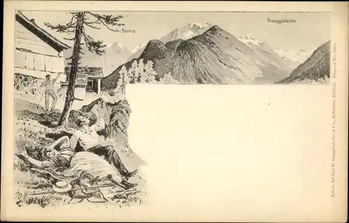 Litho Pontresina Kanton Graubünden Schweiz, Rosegggletscher, Piz Bernina, Wanderer bei einer Hütte