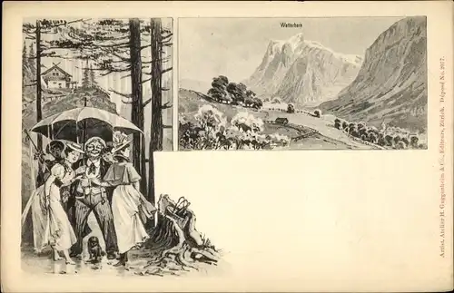 Litho Kanton Bern, Berner Oberland, Wetterhorn, Panorama, Mann mit Damen unter Regenschirm