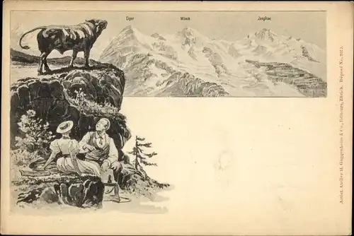 Litho Kanton Bern, Eiger, Mönch, Jungfrau, Wanderer bei der Rast, Kuh