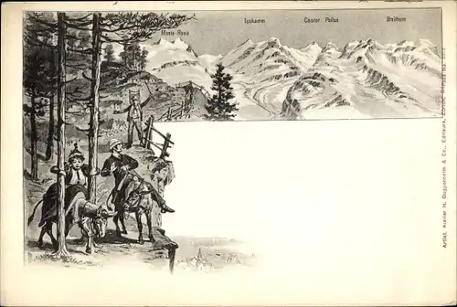 Litho Zermatt Kanton Wallis, Breithorn, Lyskamm, Castor, Pollux, Reiter auf Eseln