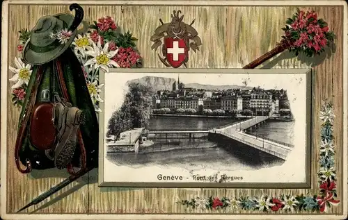 Präge Passepartout Ak Genève Genf Stadt, Pont des Bergues, Wanderausrüstung