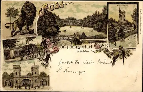 Litho Frankfurt am Main, Zoologischer Garten, Bärenzwinger, Affenhaus, Löwe, Aussichtsturm