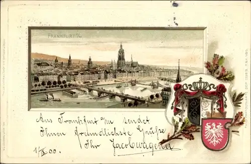 Präge Wappen Passepartout Litho Frankfurt am Main, Stadtpanorama