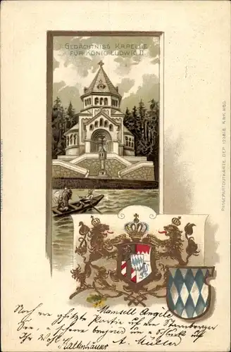 Wappen Litho Berg am Starnberger See Oberbayern, Votivkapelle, Gedächtniskapelle König Ludwig II.