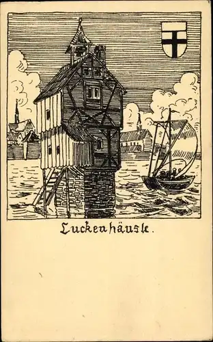 Künstler Ak Konstanz am Bodensee, Luckenhäusle, Wappen, Segelboot