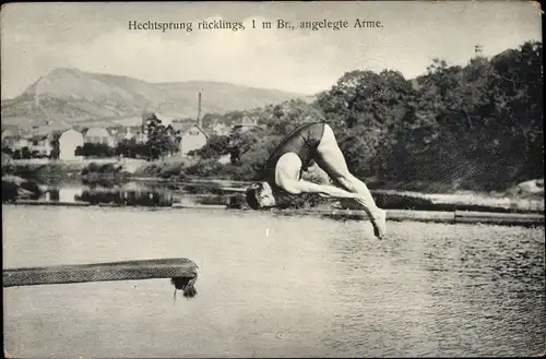 Ak Hechtsprung rücklings, 1 m Brett, angelegte Arme, Turmspringer, Kunstspringer