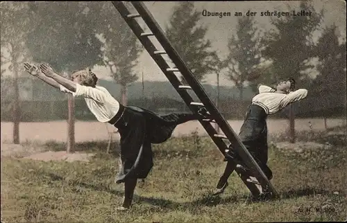 Ak Frauenturnen in Bild und Wort, Übungen an der schrägen Leiter