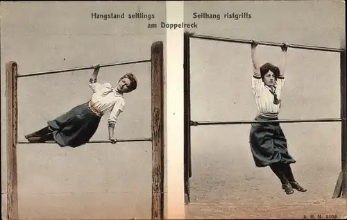 Ak Frauenturnen in Bild und Wort, Hangstand, Seithang, Doppelreck, Turnerinnen