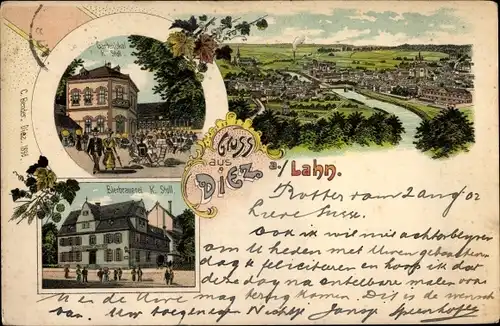 Litho Diez an der Lahn, Bierbrauerei und Gartenlokal K. Stoll, Panorama