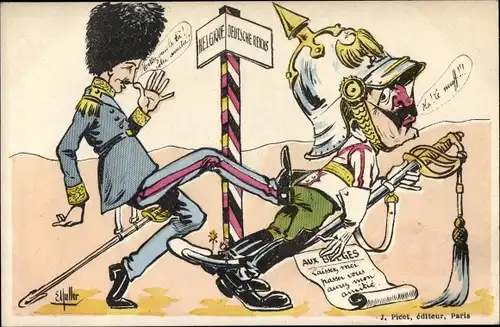 Künstler Ak Muller, E., Kaiser Wilhelm II. wird über Belgische Grenze getreten, Karikatur