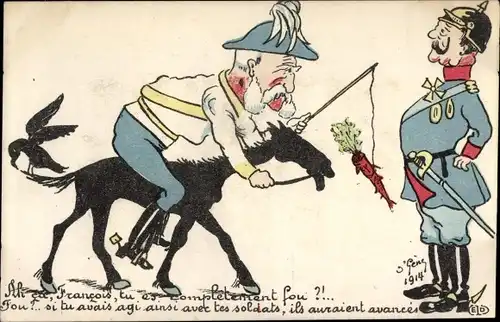 Künstler Ak Kaiser Wilhelm II., Kaiser Franz Joseph I. auf schwachem Pferd, Karikatur 1914, I. WK