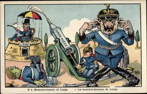 Künstler Ak Muller, E., Bombardement de Liege, Kaiser Wilhelm II., Karikatur I. WK