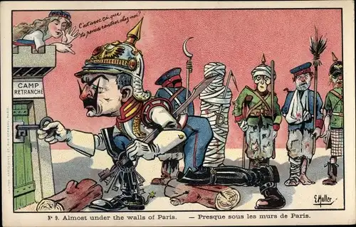 Künstler Ak Muller, E., Presque sous les murs de Paris, Kaiser Wilhelm II., Karikatur I. WK