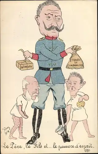 Künstler Ak Kaiser Wilhelm II, Franz Joseph I, Le Pere, le Fils et le pauvre d'esprit, Karikatur