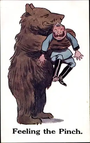 Künstler Ak Feeling the Pinch, Kaiser Wilhelm II. wird von Bär zerdrückt, Karikatur I. WK