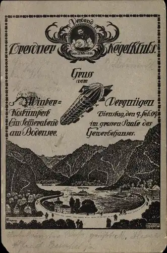 Künstler Ak Verband Dresdner Kegelklubs, Winterkostümfest 1909, Sommerabend am Bodensee, Zeppelin
