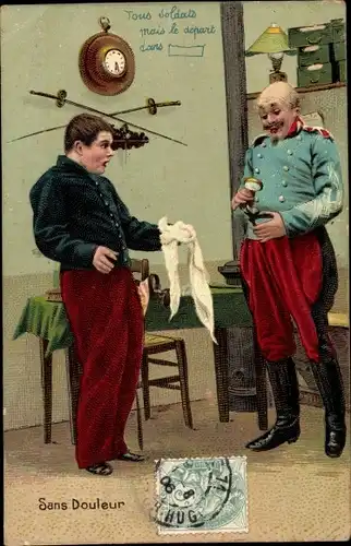 Ak Sans Douleur, Junger Mann mit Zahnschmerzen, Soldat in Uniform, Zahnentfernung, Uhr