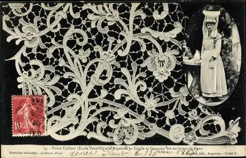 Ak Point Colbert, Geklöppelte Spitze, Frau in Tracht