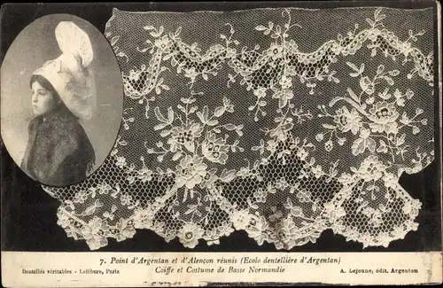 Ak Point d'Argentan et d'Alencon, Coiffe et Costume de Basse Normandie, Tracht, Spitze
